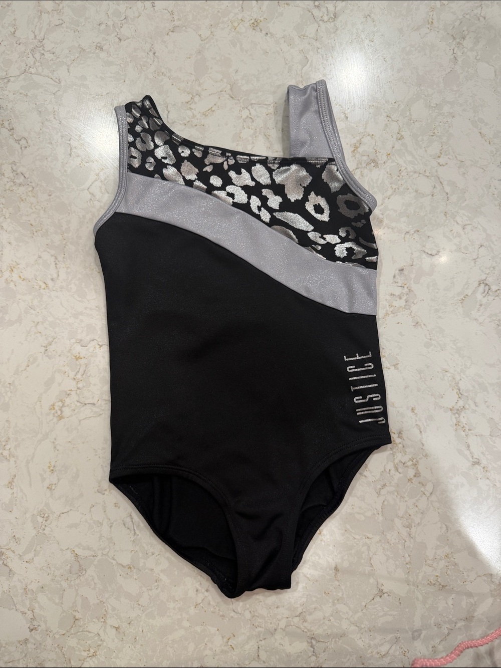 Justice Black & Silver Leopard Gymnastics Leotard